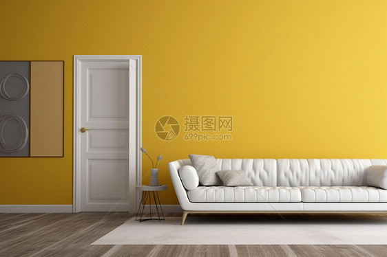 现代黄色墙壁与白色沙发图片