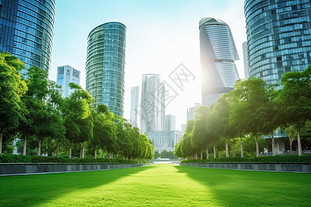 中央绿地现代摩天大楼中央的公共绿地背景