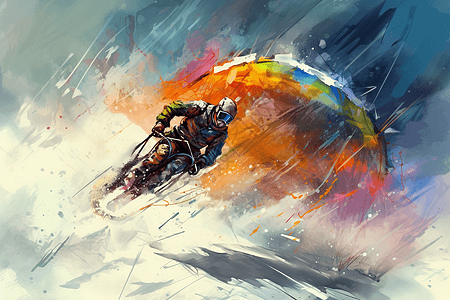 速度骑手同时滑雪和滑翔伞的绘画图片