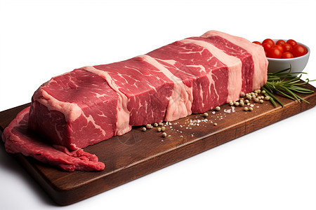 一块粗厚的牛肉配有迷迭香和小番茄图片