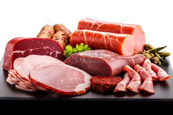 桌子上摆放着各种肉类产品图片