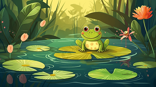 一只快乐的青蛙坐在荷叶上图片