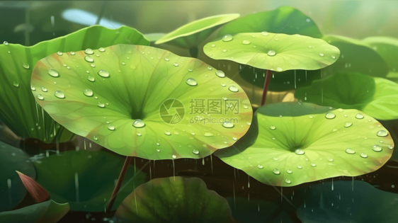 雨水滴落在荷叶上图片