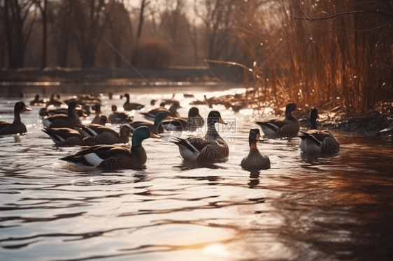 夕阳下有一群鸭子在池塘里游泳图片
