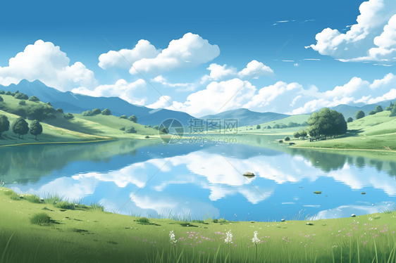 一片湖映照着蓝天白云图片
