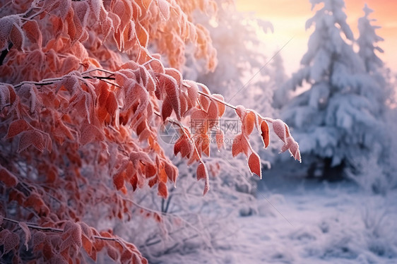 树叶被雪覆盖冻结图片