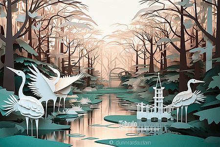 河流的飞鹤剪纸背景图片