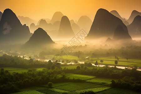 黄昏云雾山景背景图片