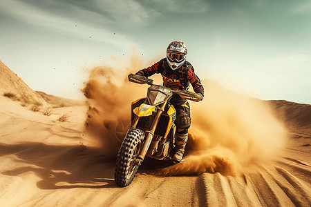 越野赛在沙漠中驾驶的摩托车背景