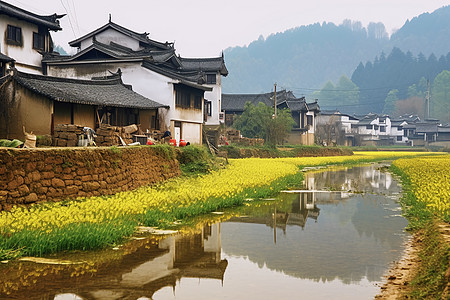 乡村的住宅和油菜花图片