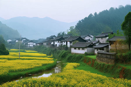 乡村振兴村庄的油菜花田地背景