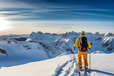 冬季登山男子独自在雪山滑雪背景