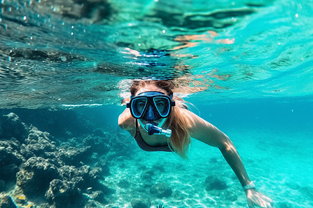 水中的女人在清澈的水中浮潜的女人背景