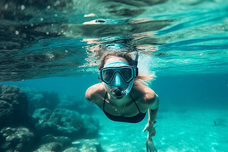 潜水设备外国女人在海水中潜水背景