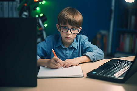 一个戴着眼镜的小男孩正一边看电脑一边在他的笔记本电脑上写作图片