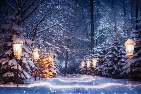 白雪覆盖的冬季森林之夜图片