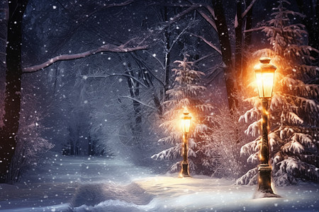 一条白雪覆盖的街道被圣诞灯点亮图片