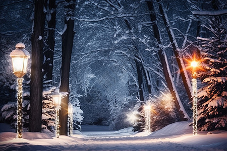 圣诞夜夜景冬季雪林背景图片