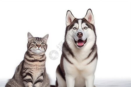 在一起图片哈士奇狗和猫坐在一起看向前方背景
