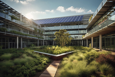 楼顶花园学校建筑顶上的太阳能背景