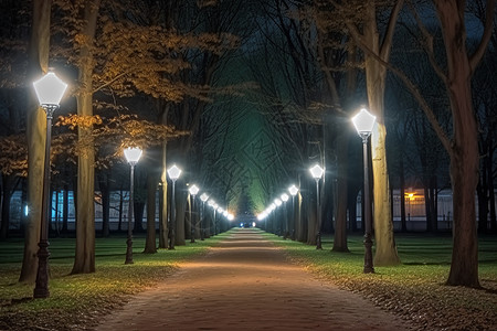 夜晚道路道路两旁的路灯背景