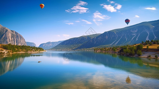 湖水与热气球图片