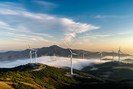山脉上的风车风力发电背景图片