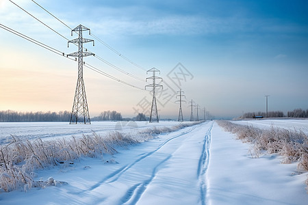 高架电缆冬天一望无际的雪地风景背景