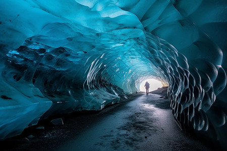 蓝色光滑的冰洞隧道图片