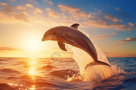 日落海面上跳跃起的一只海豚图片