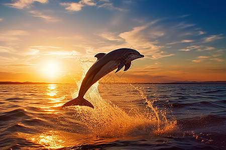 日落海面上跳跃起的海豚图片
