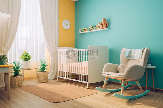 婴儿卧室中的婴儿床图片