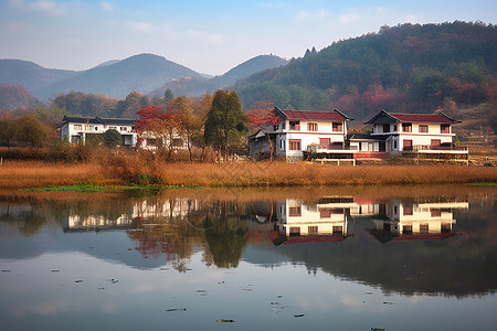 乡间湖边建筑风景图片