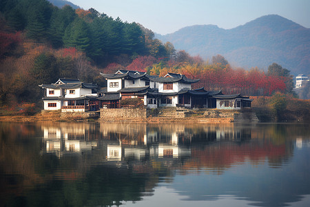 农村湖边建筑背景图片