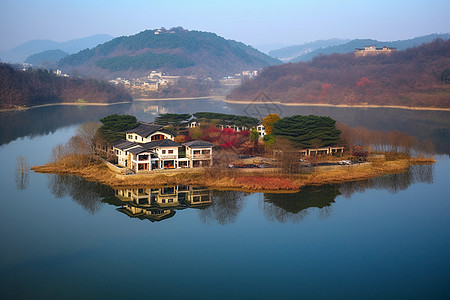 湖心别墅风景背景图片