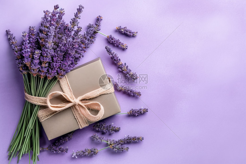薰衣草插花的丝带礼物盒图片