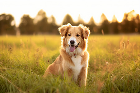 春天草地上的金毛犬图片