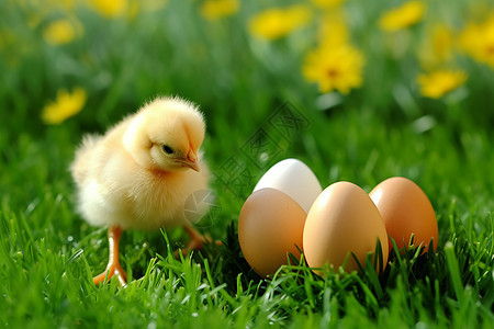 小鸡和鸡蛋在草地上图片