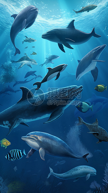 海洋下的鲨鱼和海豚插图图片
