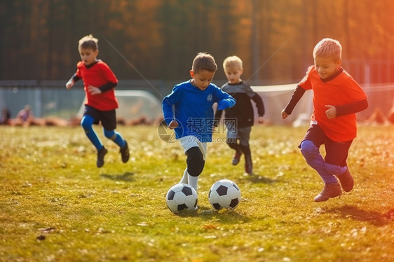 一群男孩一起踢足球图片