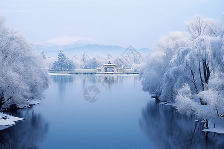 映雪湖桥下雪的美景背景