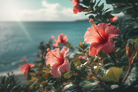 海滩边的芙蓉花背景图片