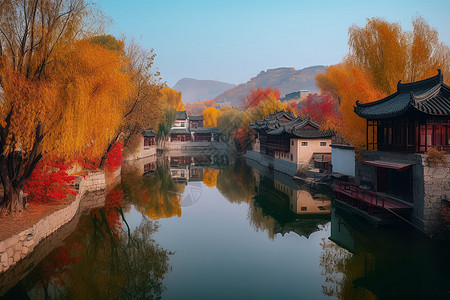 仿照江南水乡建筑的古北水乡背景