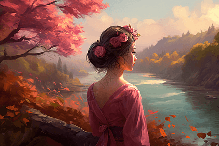 美女欣赏河边的秋天风景图片