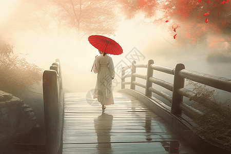 女士在迷雾的桥上行走图片