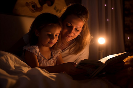 妈妈陪着女儿在卧室里读绘本图片