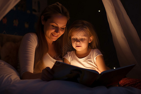 妈妈陪着女儿在夜读绘本图片
