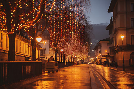 灯光,树上有霓虹灯的城市街道背景