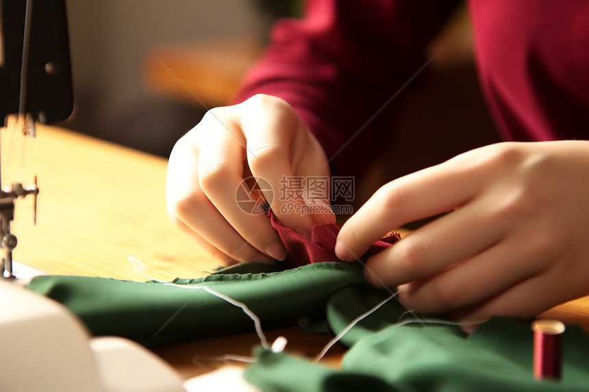 年轻女子在家里缝制衣服图片