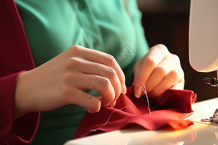 在家缝制衣服的年轻女人图片